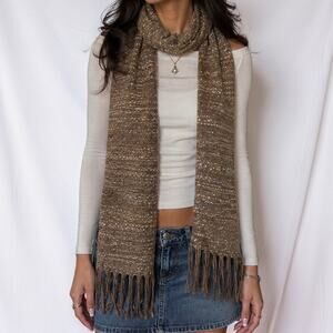 Vintage 90s Clubfellow Made in Italy Brown Tweed Knit Cotton Blend Fringe Scarf